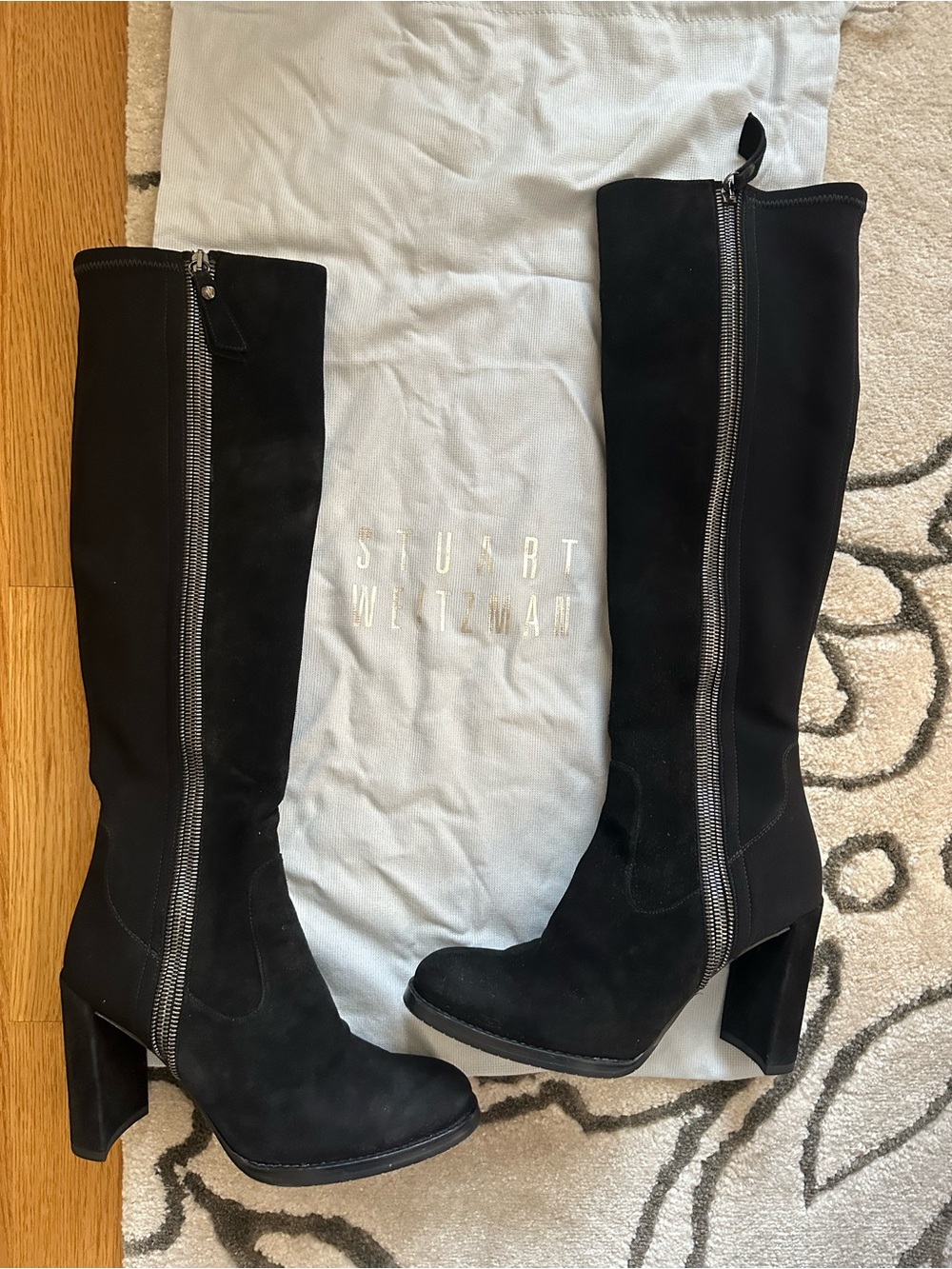 Stuart Weitzman Black Suede Knee-High Zip Boots with Block Heel